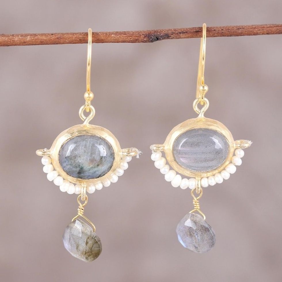 22k Gold Plated Cultured Pearl and Labradorite Earrings 'Everlasting Allure'