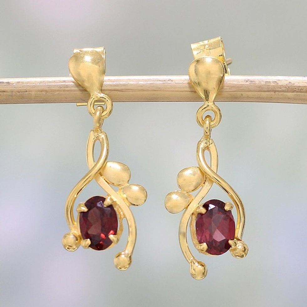 22k Gold Plated Garnet Dangle Earrings by Indian Artisans 'Red Twist'