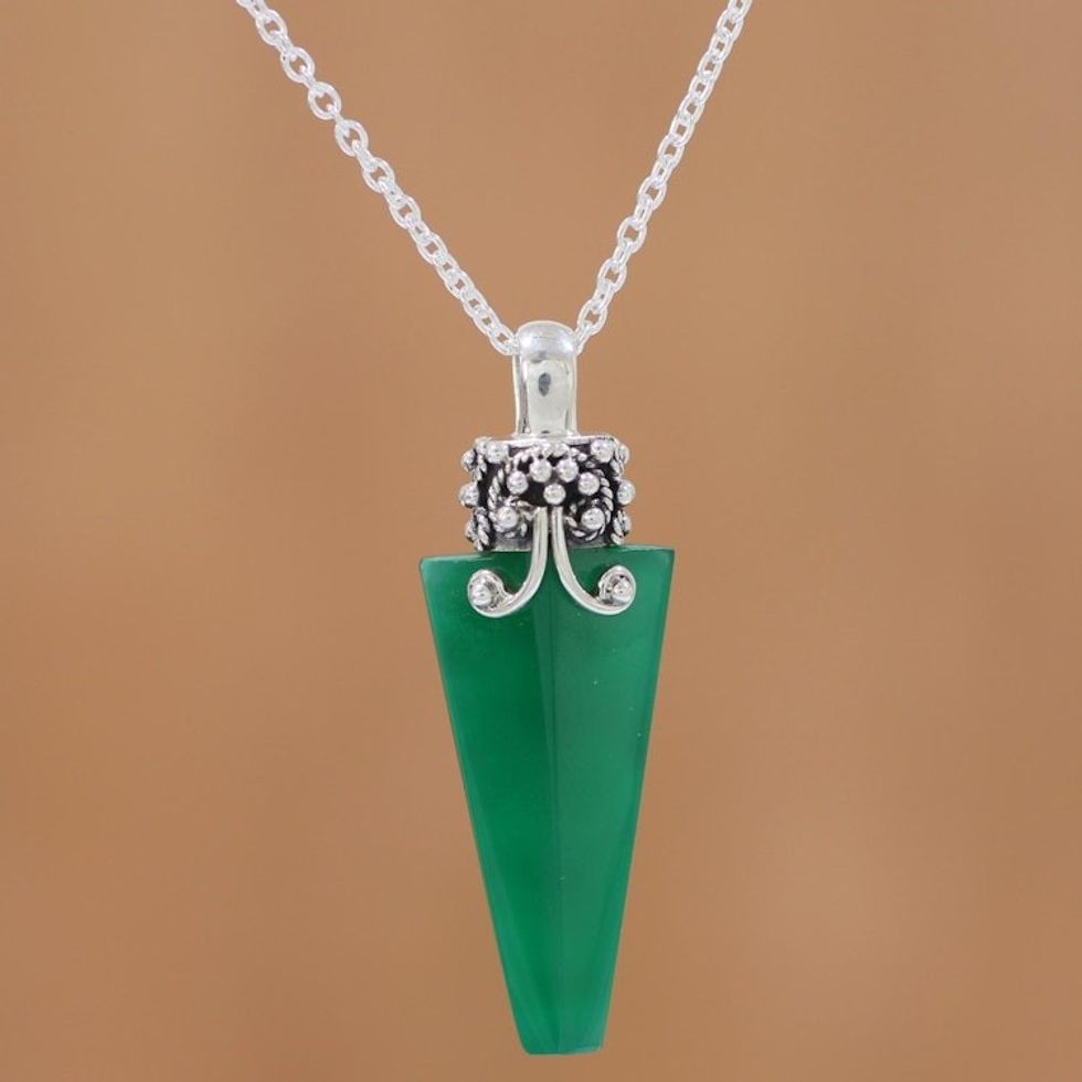 Green Onyx and Sterling Silver Pendant Necklace from India 'Crystal of Power in Green'