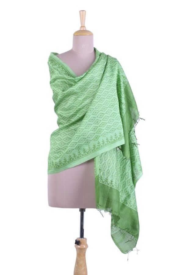 Alternate image for Printed Spring Green Silk Shawl Handmade in India Green Diamonds