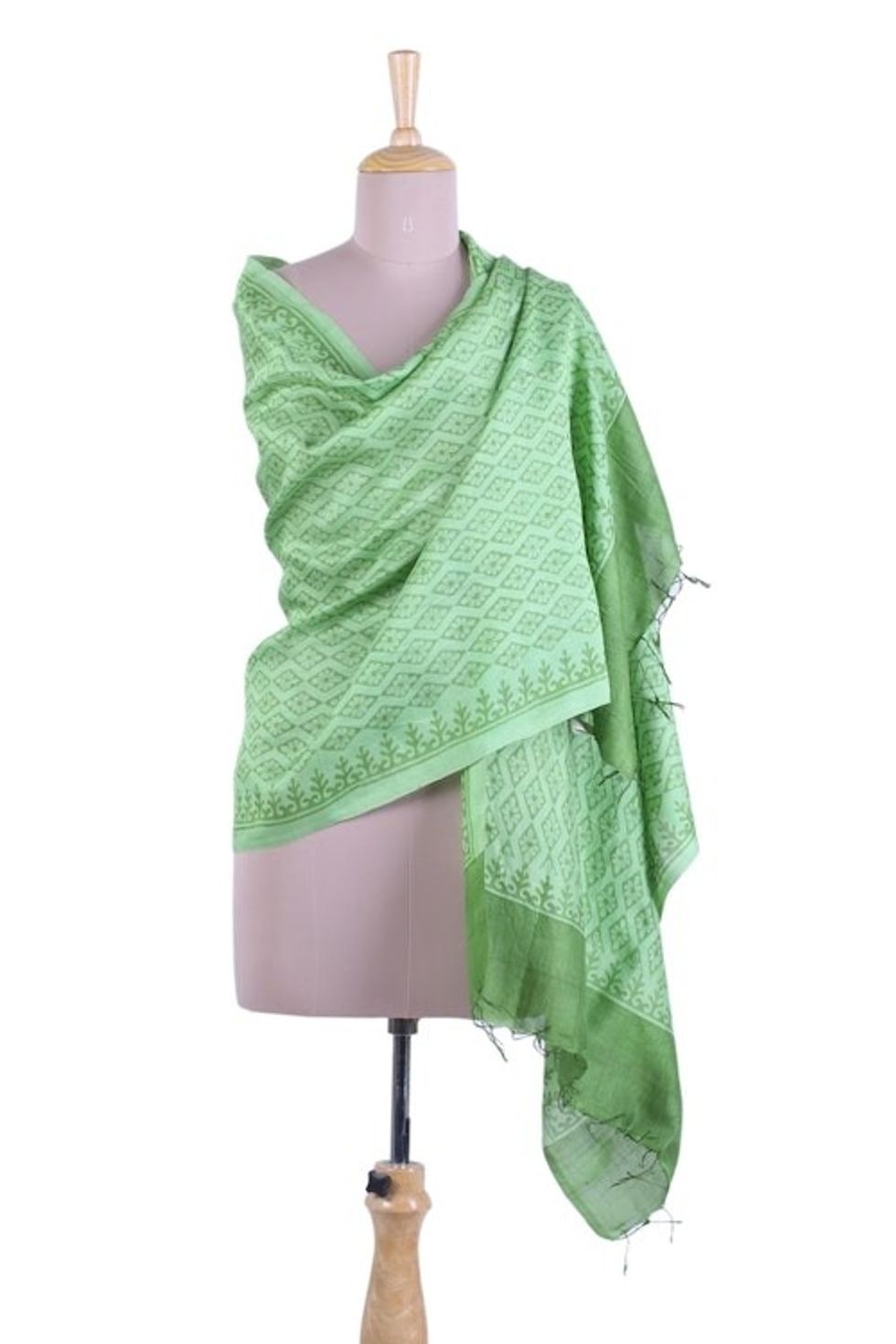 Printed Spring Green Silk Shawl Handmade in India 'Green Diamonds'