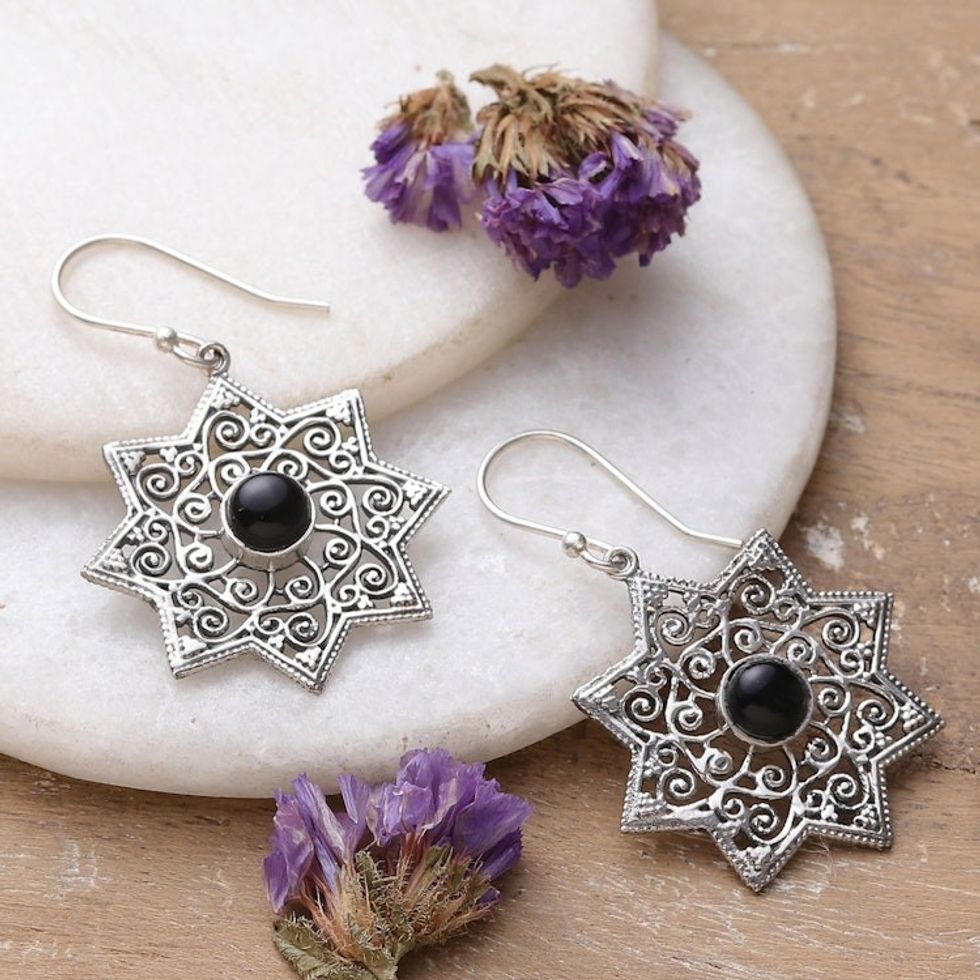 Star-Shaped Earrings with Onyx and Sterling Silver 'Mughal Stars'