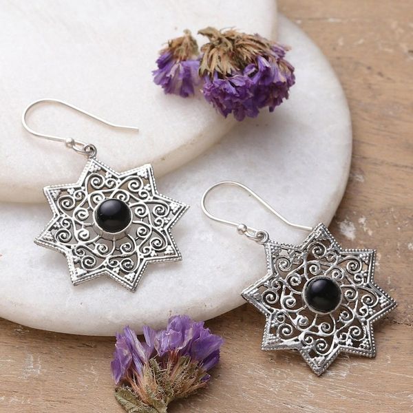 Alternate image for Star-Shaped Earrings with Onyx and Sterling Silver Mughal Stars