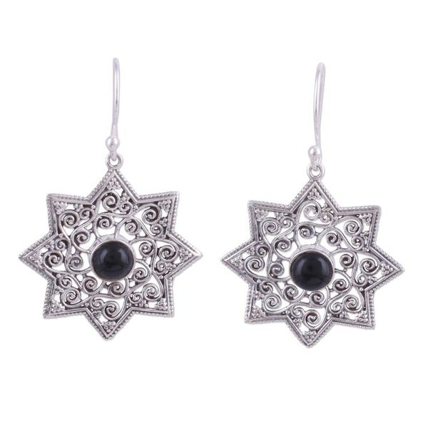 Alternate image for Star-Shaped Earrings with Onyx and Sterling Silver Mughal Stars