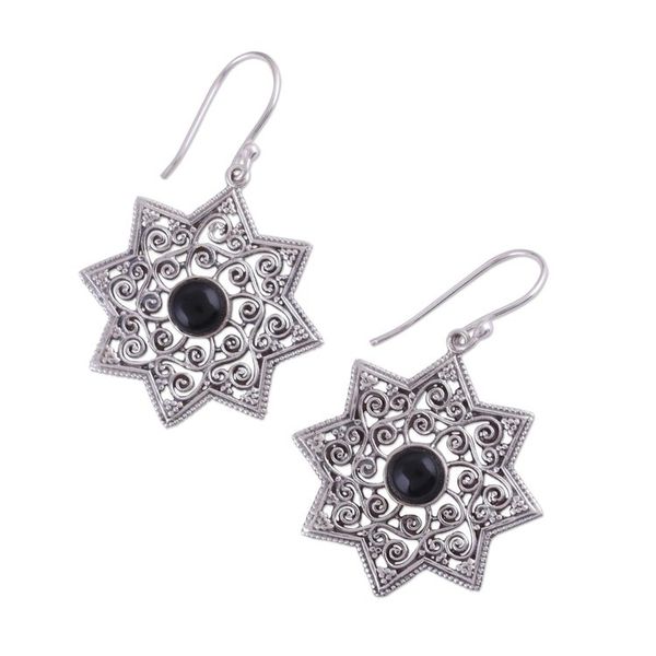 Alternate image for Star-Shaped Earrings with Onyx and Sterling Silver Mughal Stars