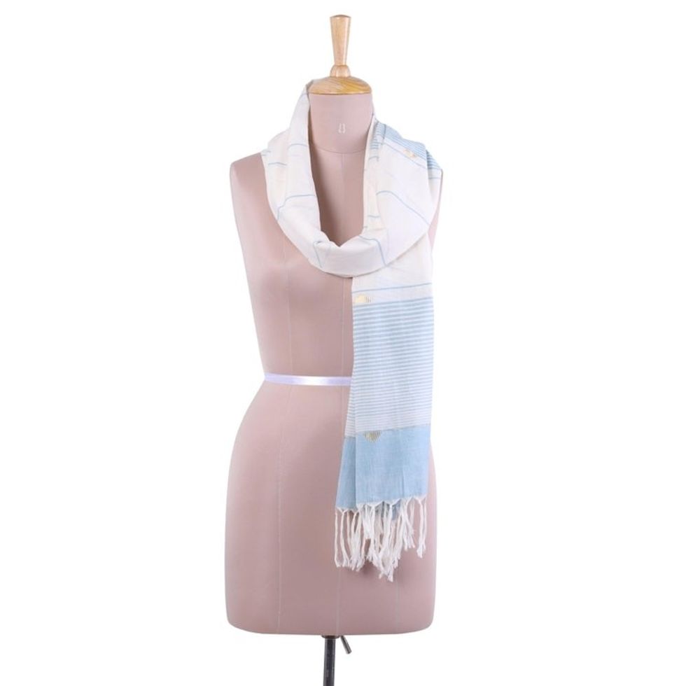 Hand Woven Peach Cotton Scarf with Blue Stripes from India 'Sea Stripes'