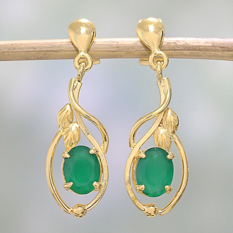 22k Gold Plated Green Onyx Dangle Earrings from India 'Leafy Romance'