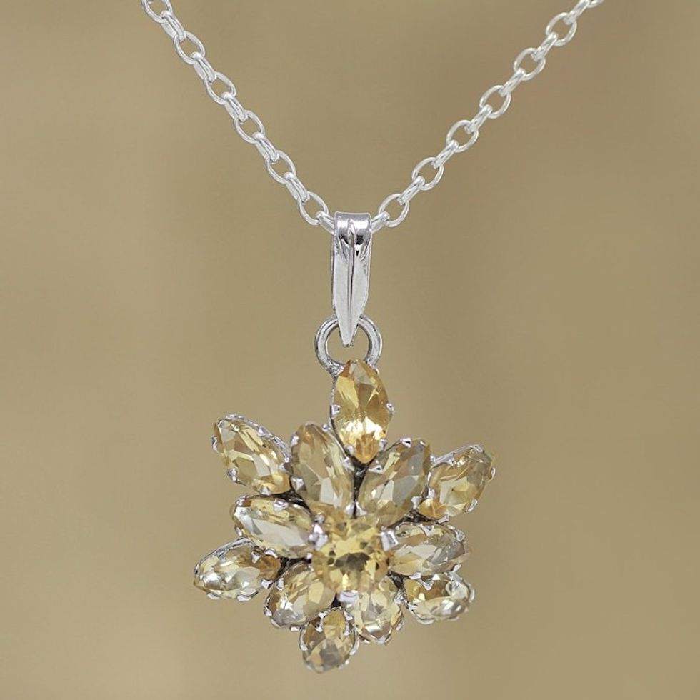 Rhodium Plated Citrine Pendant Necklace from India 'Golden Burst'