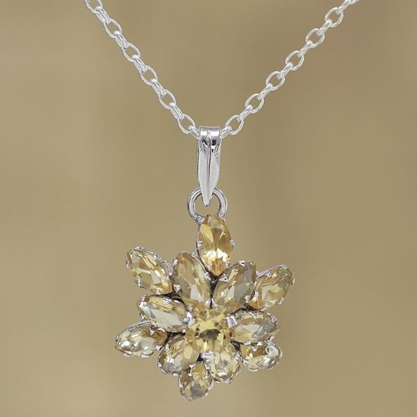 Alternate image for Rhodium Plated Citrine Pendant Necklace from India Golden Burst