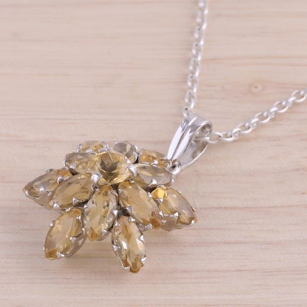 Alternate image for Rhodium Plated Citrine Pendant Necklace from India Golden Burst