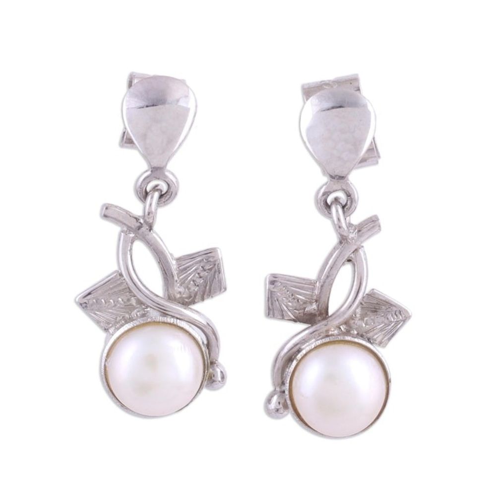 Rhodium Plated Cultured Pearl Dangle Earrings from India 'Exotic Swirls'