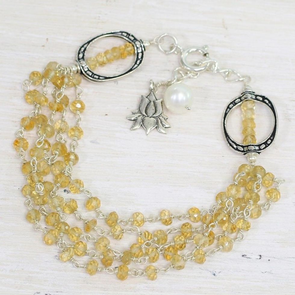 Citrine and Cultured Pearl Beaded Bracelet from India 'Lotus Beauty'