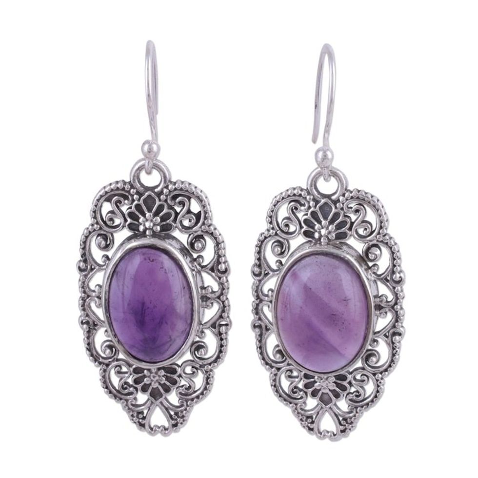 Amethyst Cabochon Dangle Earrings in Sterling SIlver 'Mughal Tapestry'