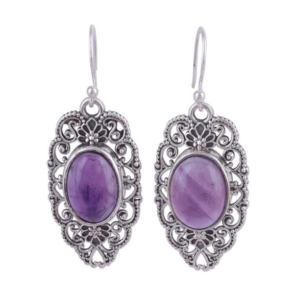 Alternate image for Amethyst Cabochon Dangle Earrings in Sterling SIlver Mughal Tapestry