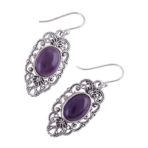 Alternate image for Amethyst Cabochon Dangle Earrings in Sterling SIlver Mughal Tapestry