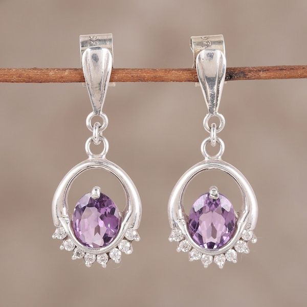 Alternate image for Rhodium Plated Dangle Earrings with Amethysts Royal Brilliance