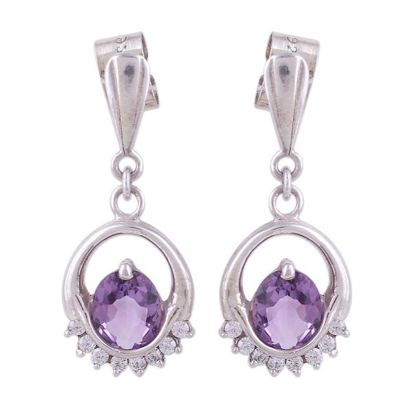 Alternate image for Rhodium Plated Dangle Earrings with Amethysts Royal Brilliance