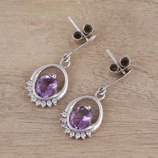Alternate image for Rhodium Plated Dangle Earrings with Amethysts Royal Brilliance