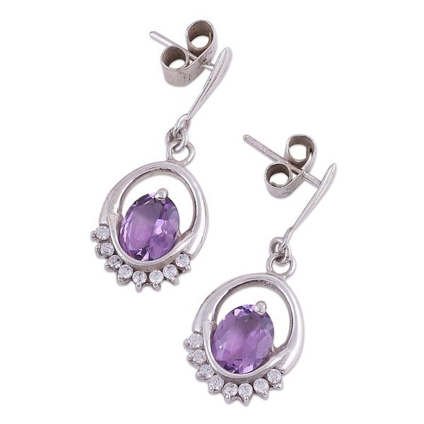 Alternate image for Rhodium Plated Dangle Earrings with Amethysts Royal Brilliance