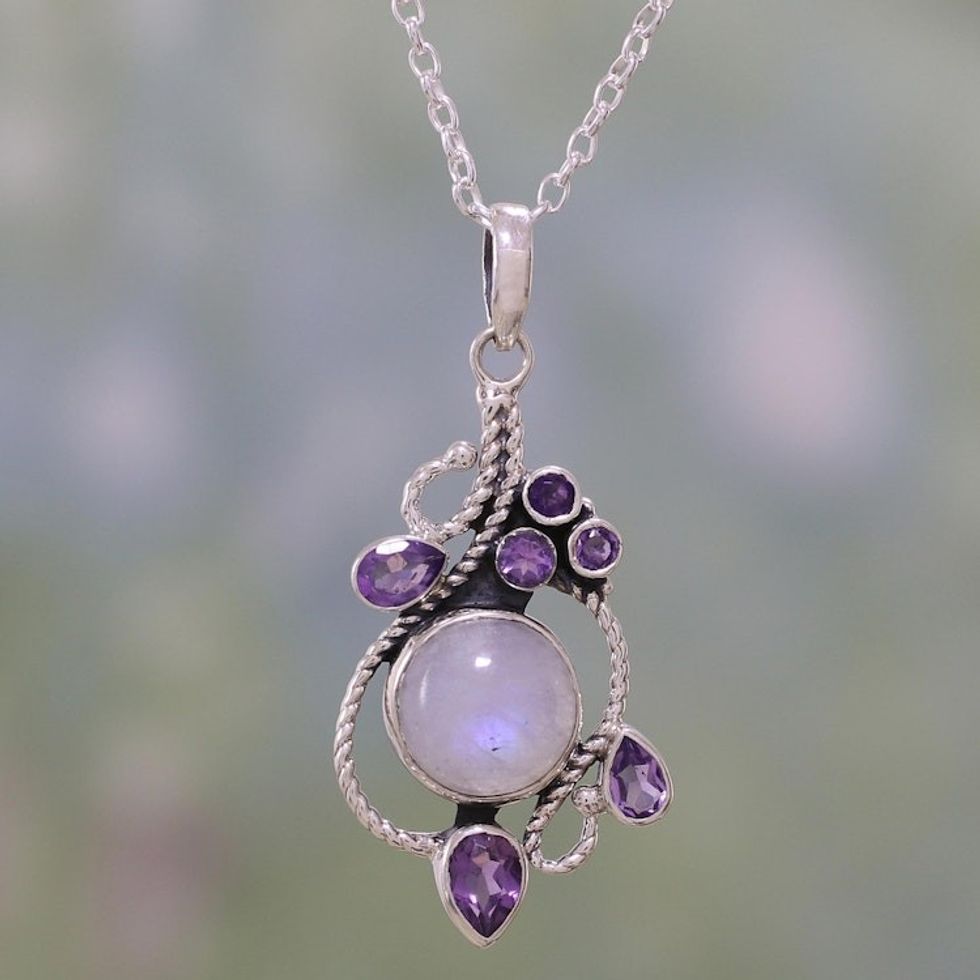 Rainbow Moonstone and Amethyst Pendant Necklace from India 'Misty Vine'