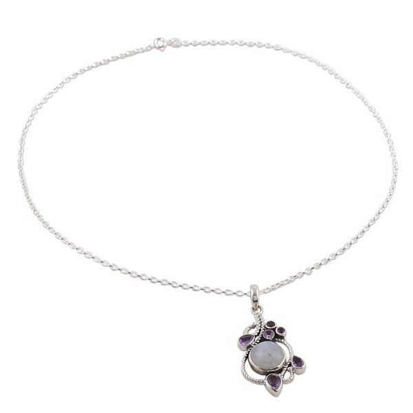 Alternate image for Rainbow Moonstone and Amethyst Pendant Necklace from India Misty Vine
