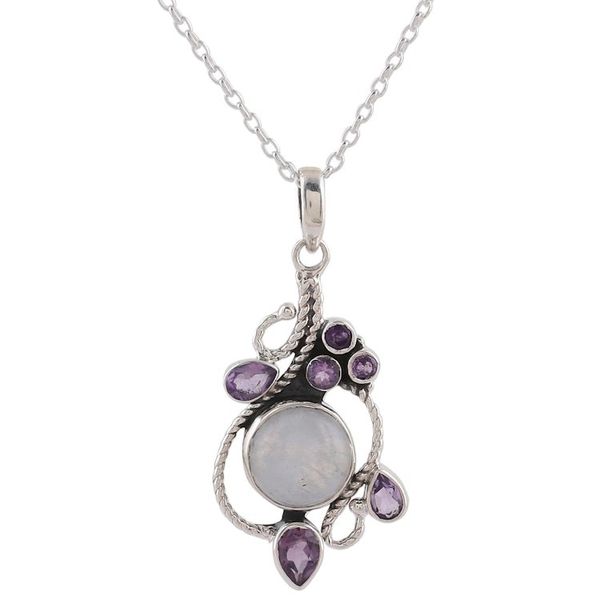 Alternate image for Rainbow Moonstone and Amethyst Pendant Necklace from India Misty Vine