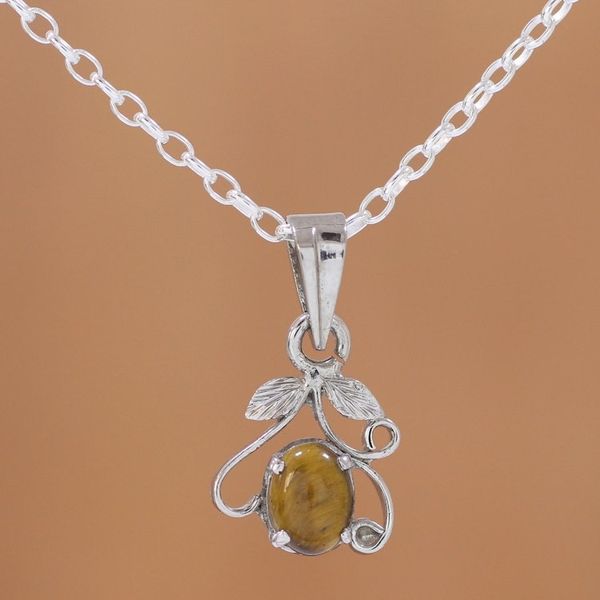 Alternate image for Rhodium Plated Tigers Eye Pendant Necklace from India Blossom of Brown