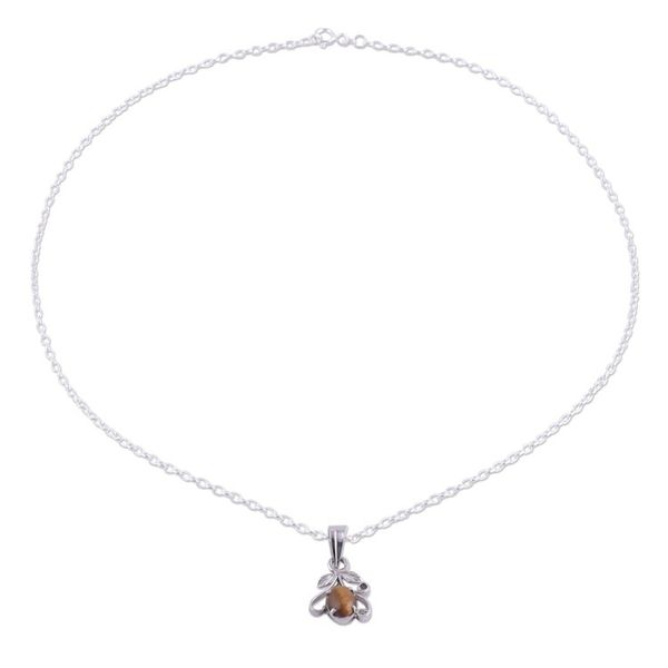 Alternate image for Rhodium Plated Tigers Eye Pendant Necklace from India Blossom of Brown