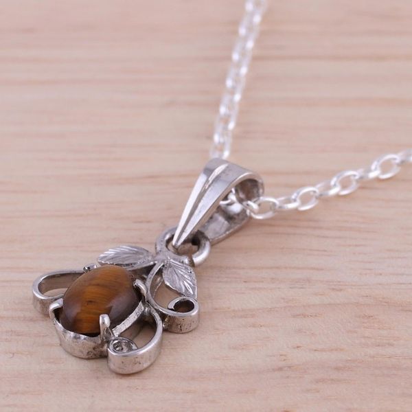 Alternate image for Rhodium Plated Tigers Eye Pendant Necklace from India Blossom of Brown