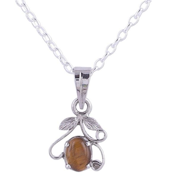 Alternate image for Rhodium Plated Tigers Eye Pendant Necklace from India Blossom of Brown
