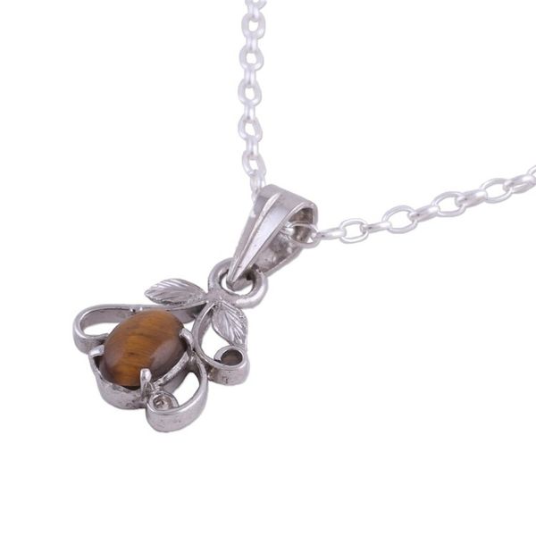 Alternate image for Rhodium Plated Tigers Eye Pendant Necklace from India Blossom of Brown