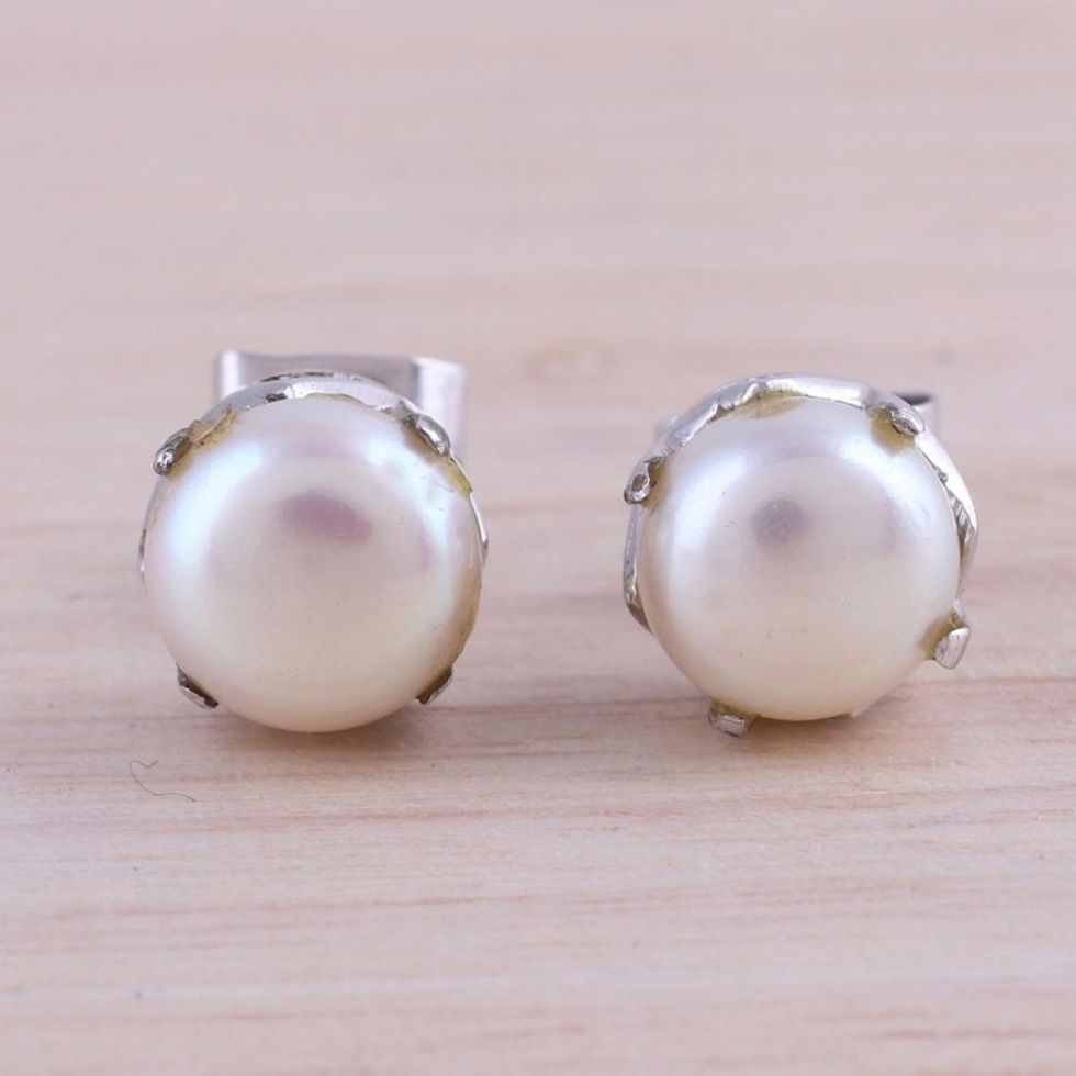Rhodium Plated Cultured Pearl Stud Earrings from India 'Timeless Appeal'