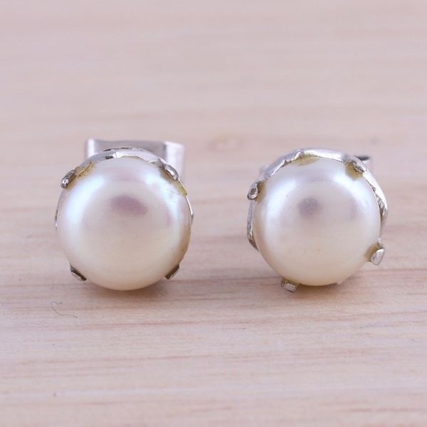 Alternate image for Rhodium Plated Cultured Pearl Stud Earrings from India Timeless Appeal