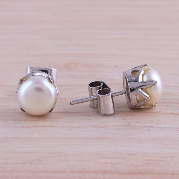 Alternate image for Rhodium Plated Cultured Pearl Stud Earrings from India Timeless Appeal