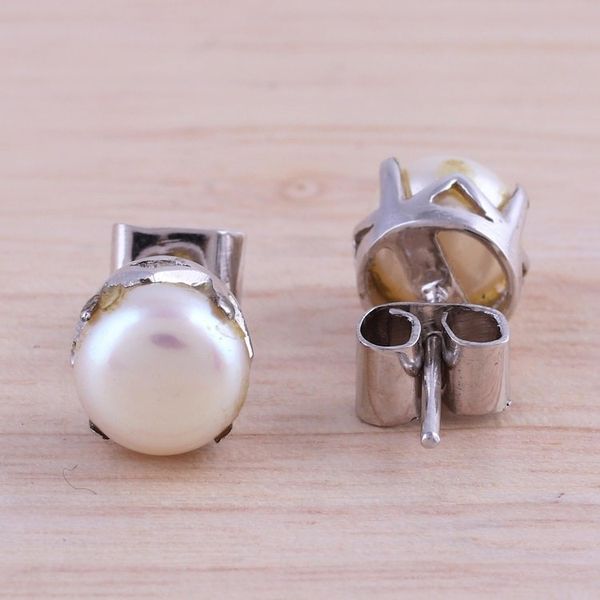 Alternate image for Rhodium Plated Cultured Pearl Stud Earrings from India Timeless Appeal