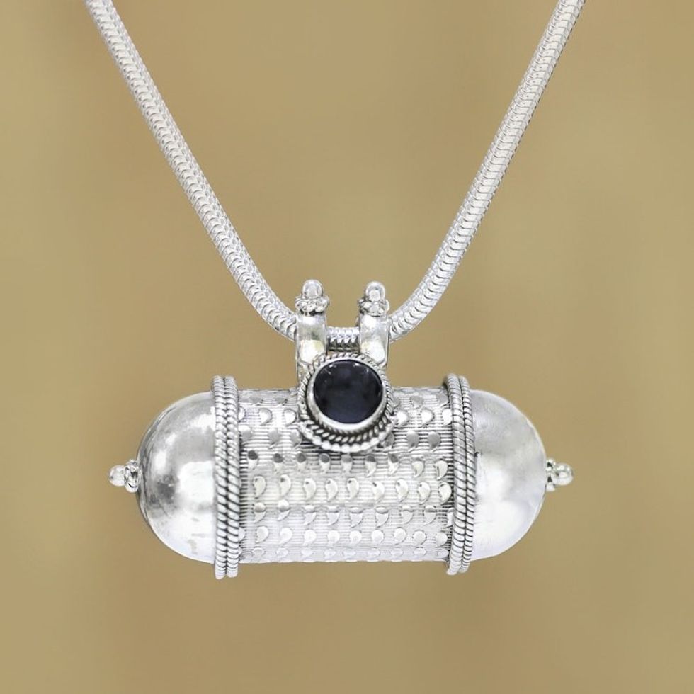Onyx and Sterling Silver Drum Pendant Necklace from India 'Royal Drum'