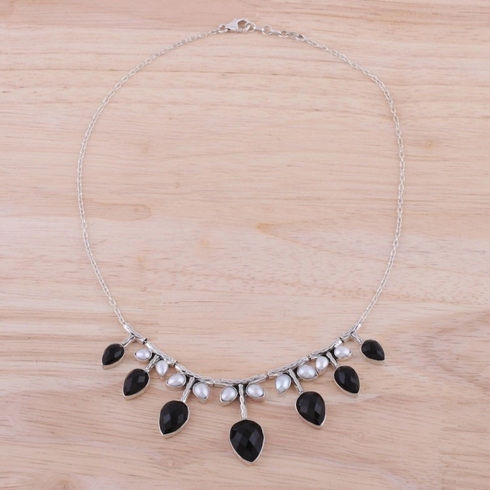 Cultured Pearl and Onyx Sterling Silver Waterfall Necklace 'Monochrome Bouquet'