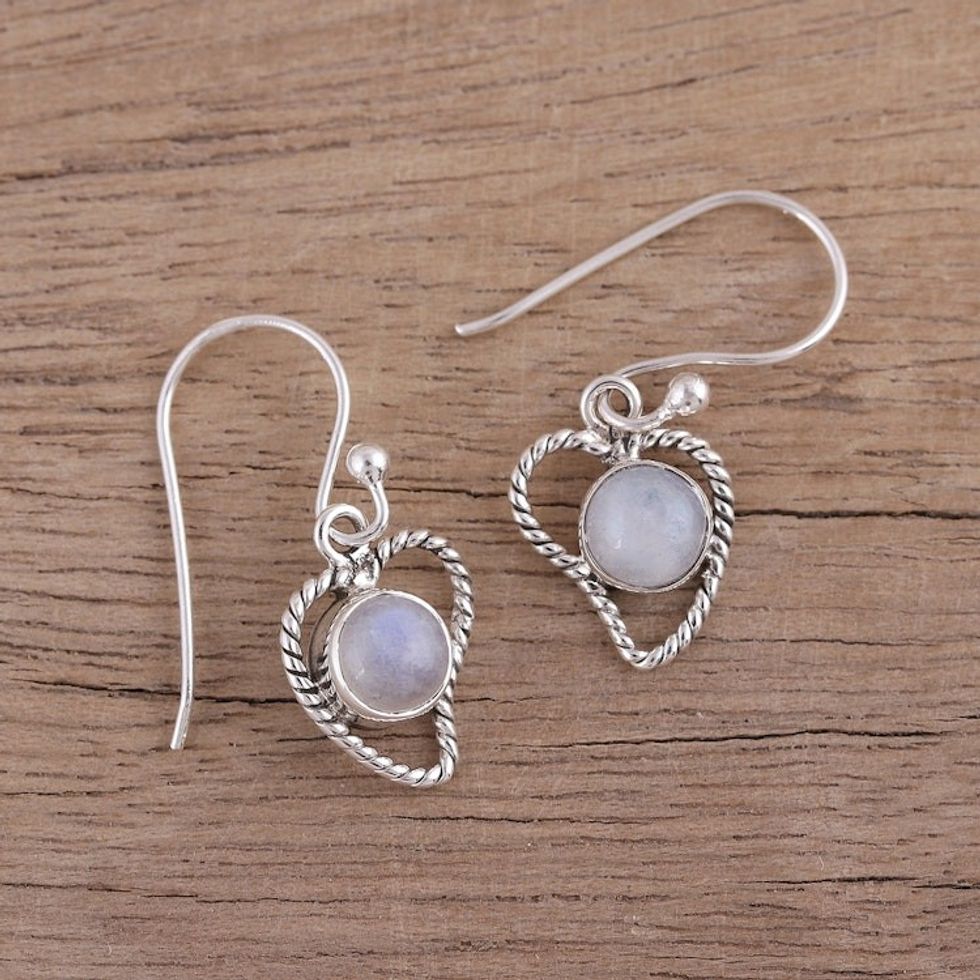 Rainbow Moonstone Abstract Heart Dangle Earrings from India 'Affection'