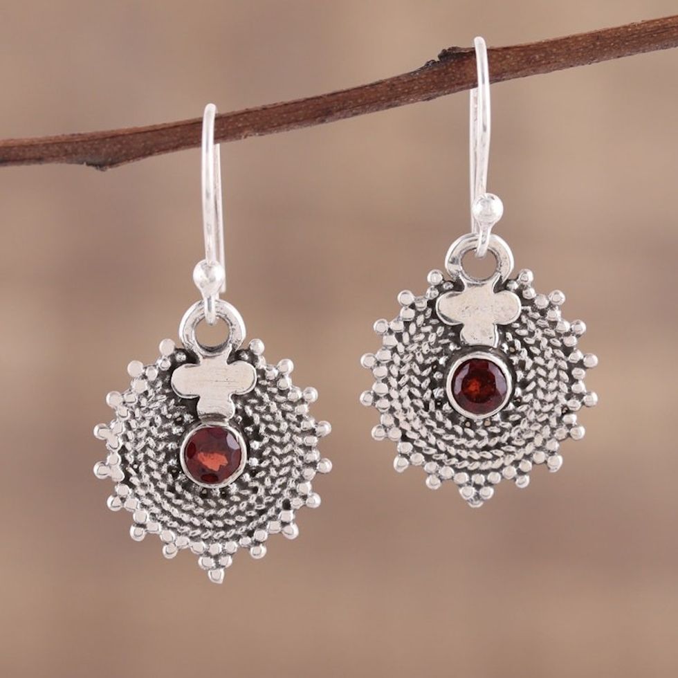 Indian Sterling Silver and Garnet Round Dangle Earrings 'Scarlet Sunbeams'