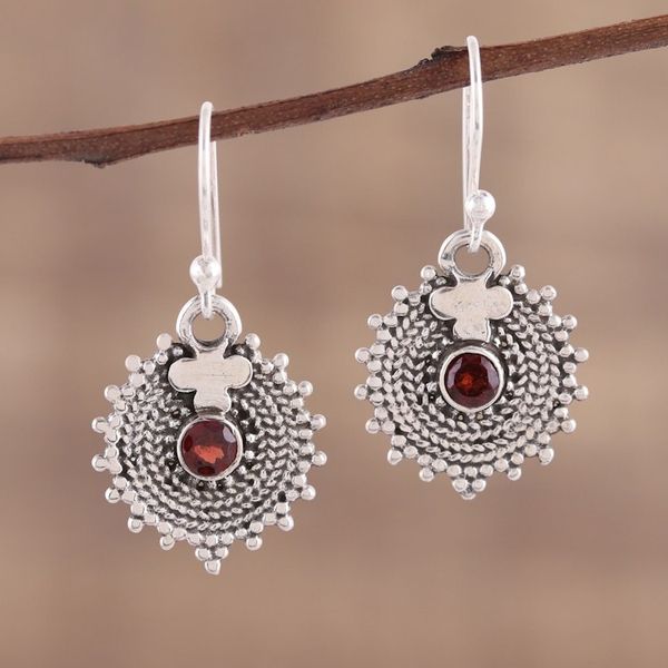 Alternate image for Indian Sterling Silver and Garnet Round Dangle Earrings Scarlet Sunbeams
