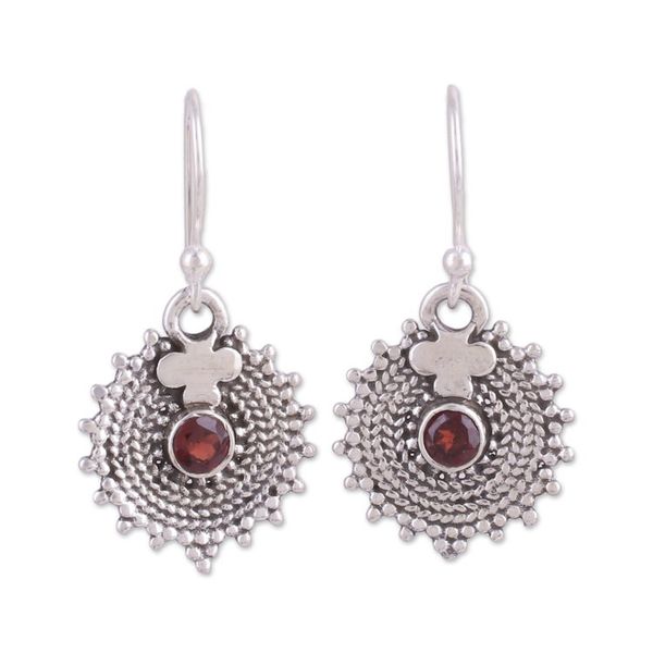 Alternate image for Indian Sterling Silver and Garnet Round Dangle Earrings Scarlet Sunbeams