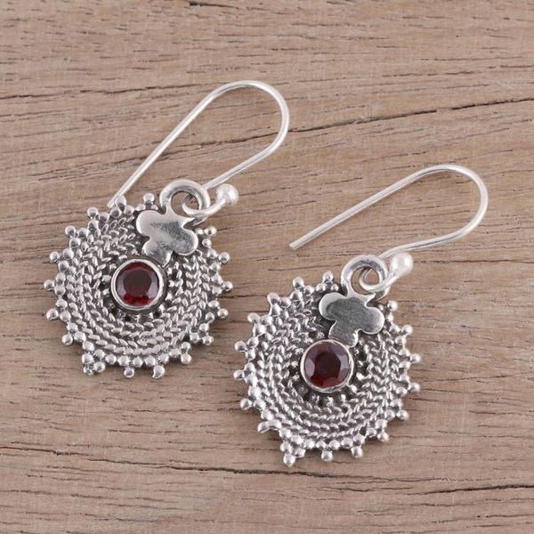 Alternate image for Indian Sterling Silver and Garnet Round Dangle Earrings Scarlet Sunbeams