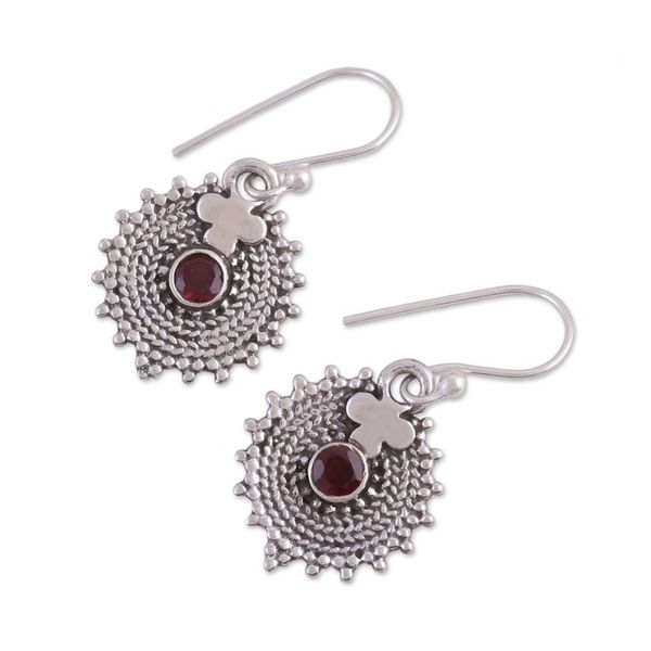 Alternate image for Indian Sterling Silver and Garnet Round Dangle Earrings Scarlet Sunbeams