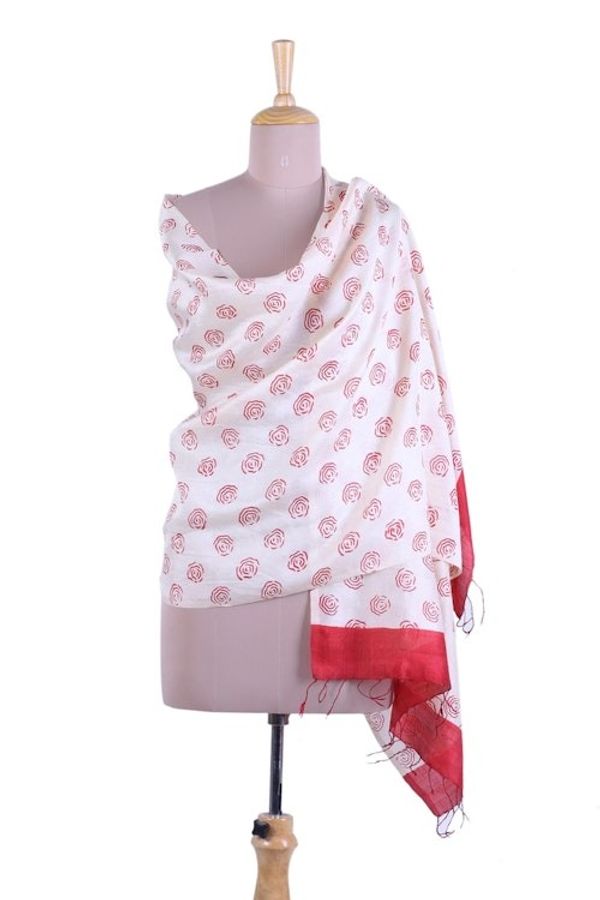 Alternate image for Red and Alabaster Rose Motif Block Printed Silk Shawl Subtle Rose