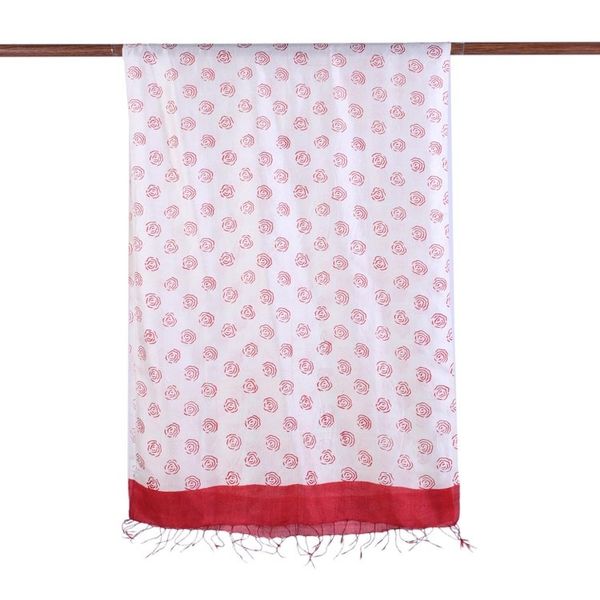 Alternate image for Red and Alabaster Rose Motif Block Printed Silk Shawl Subtle Rose