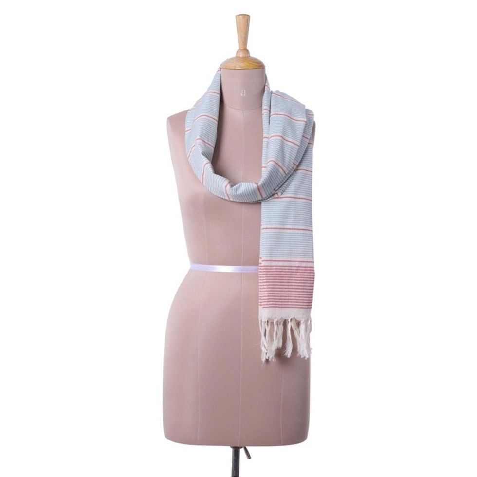 Teal and Red Striped Cotton Wrap Scarf from India 'Shimmering Stripes in Ruby'