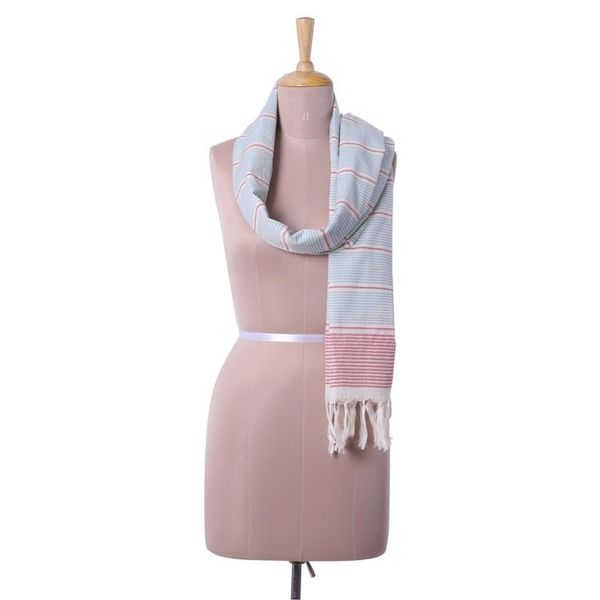 Alternate image for Teal and Red Striped Cotton Wrap Scarf from India Shimmering Stripes in Ruby