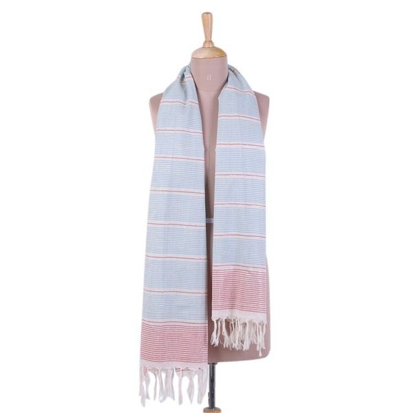 Alternate image for Teal and Red Striped Cotton Wrap Scarf from India Shimmering Stripes in Ruby