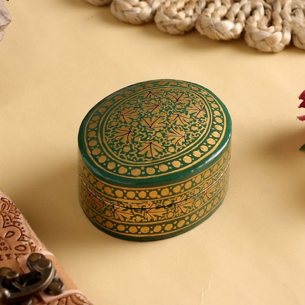 Gold and Green Papier Mache Decorative Box from India 'Serene Viridescence'
