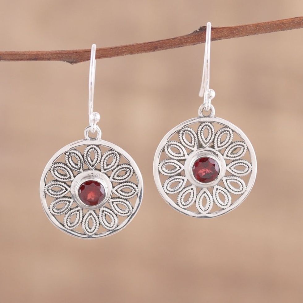 Circular Garnet and Silver Dangle Earrings from India 'Dotted Gleam'